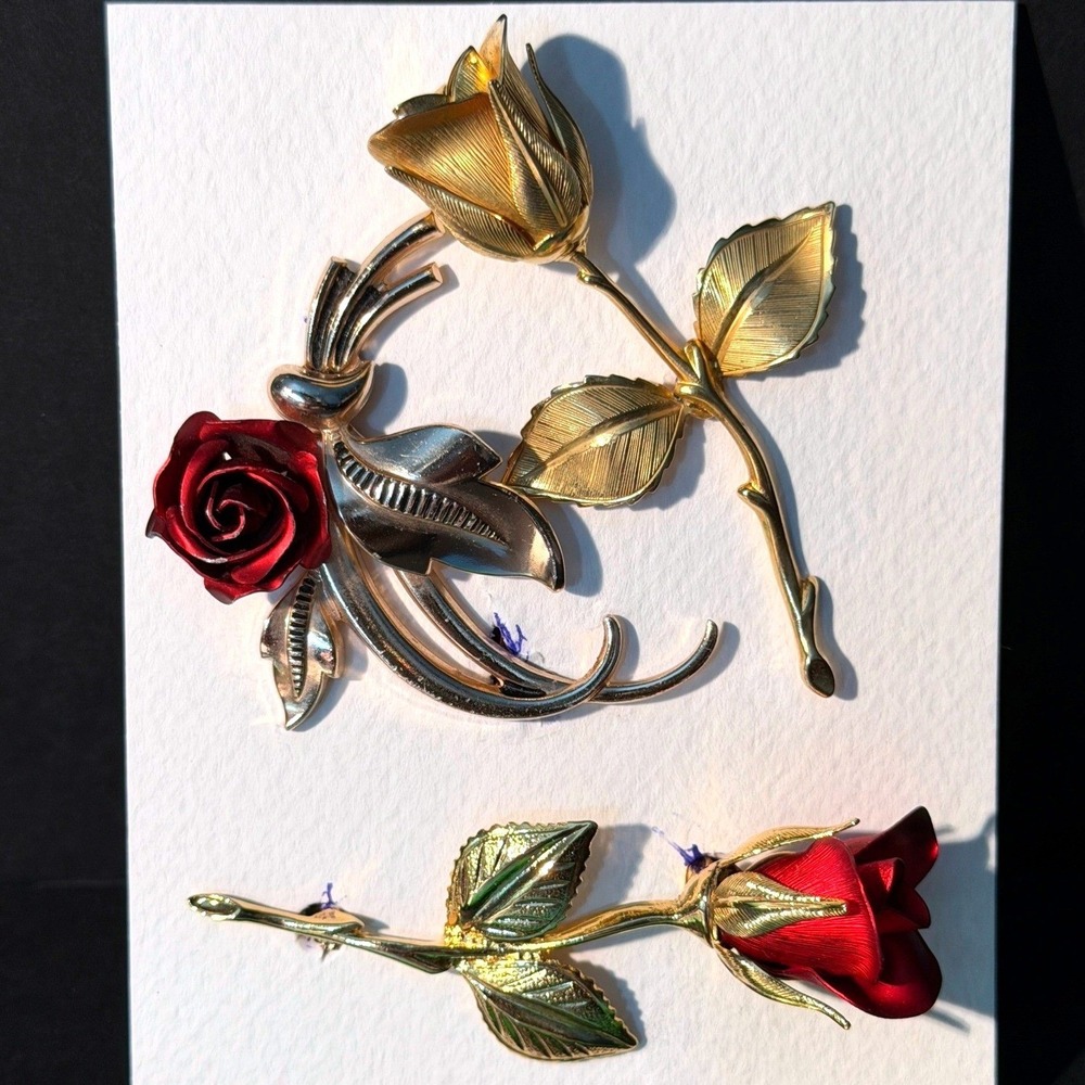 Vintage Rose Brooch Lot of 3 pins Gold Tone Red Rose Floral Pins Mid Century